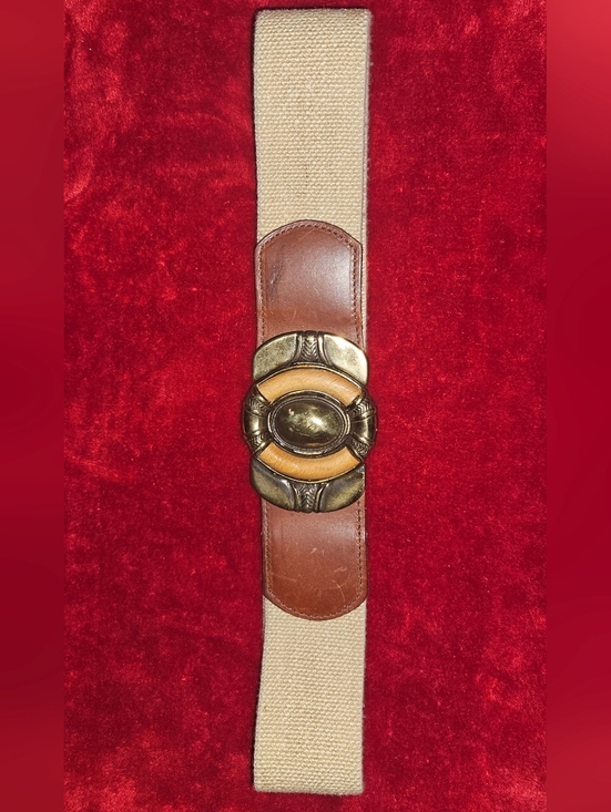 Omega Accessories - Omega Vintage Boho Beige Canvas Belt w/Brown Leather & Brass Buckle-Size M/L